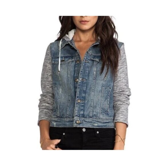 Free People Denim/Knit Hoodie Womens  Jacket in Indie Wash Size Small - Picture 1 of 9